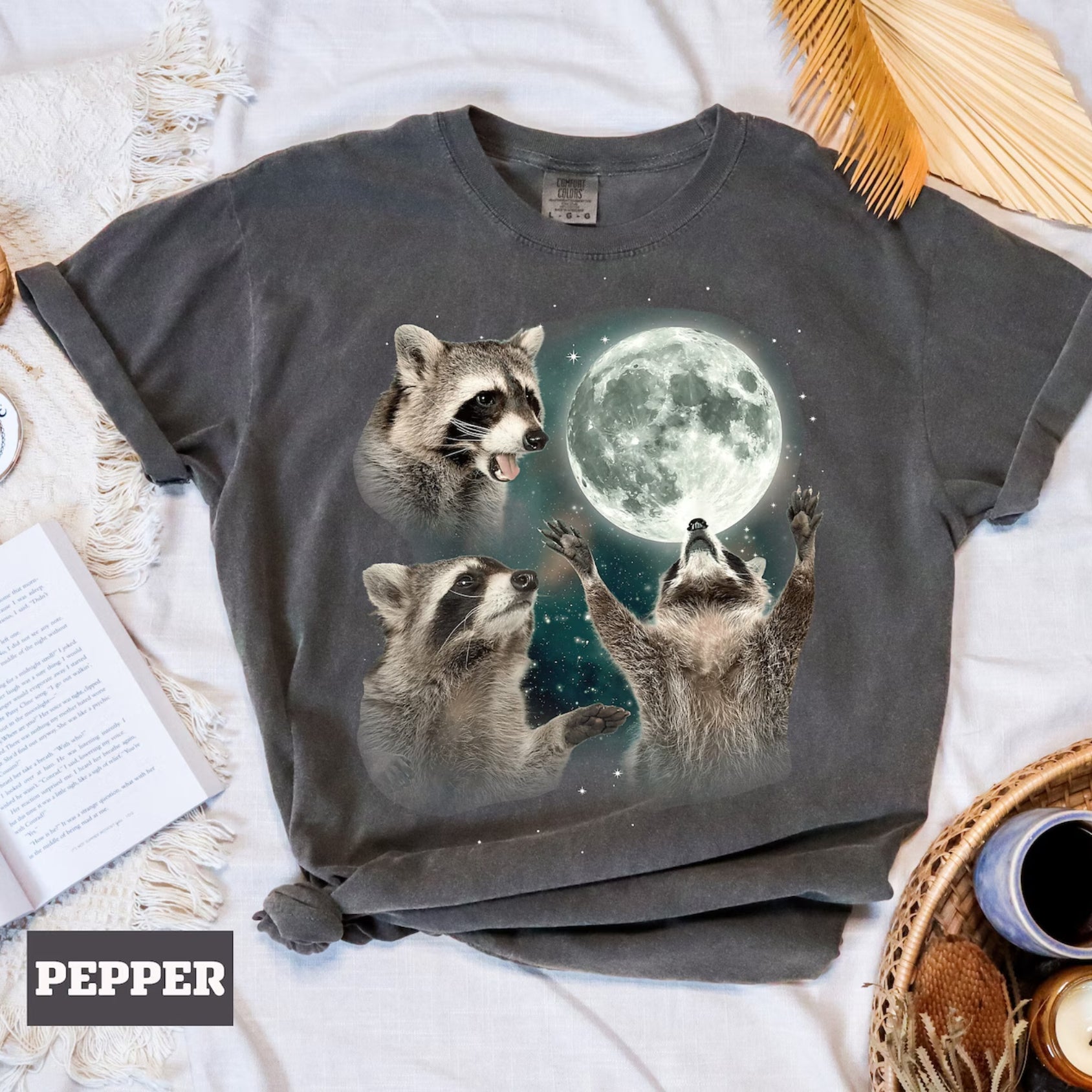 Three Raccoons Howling at the Moon Vintage Retro T-Shirt - Printed Tales