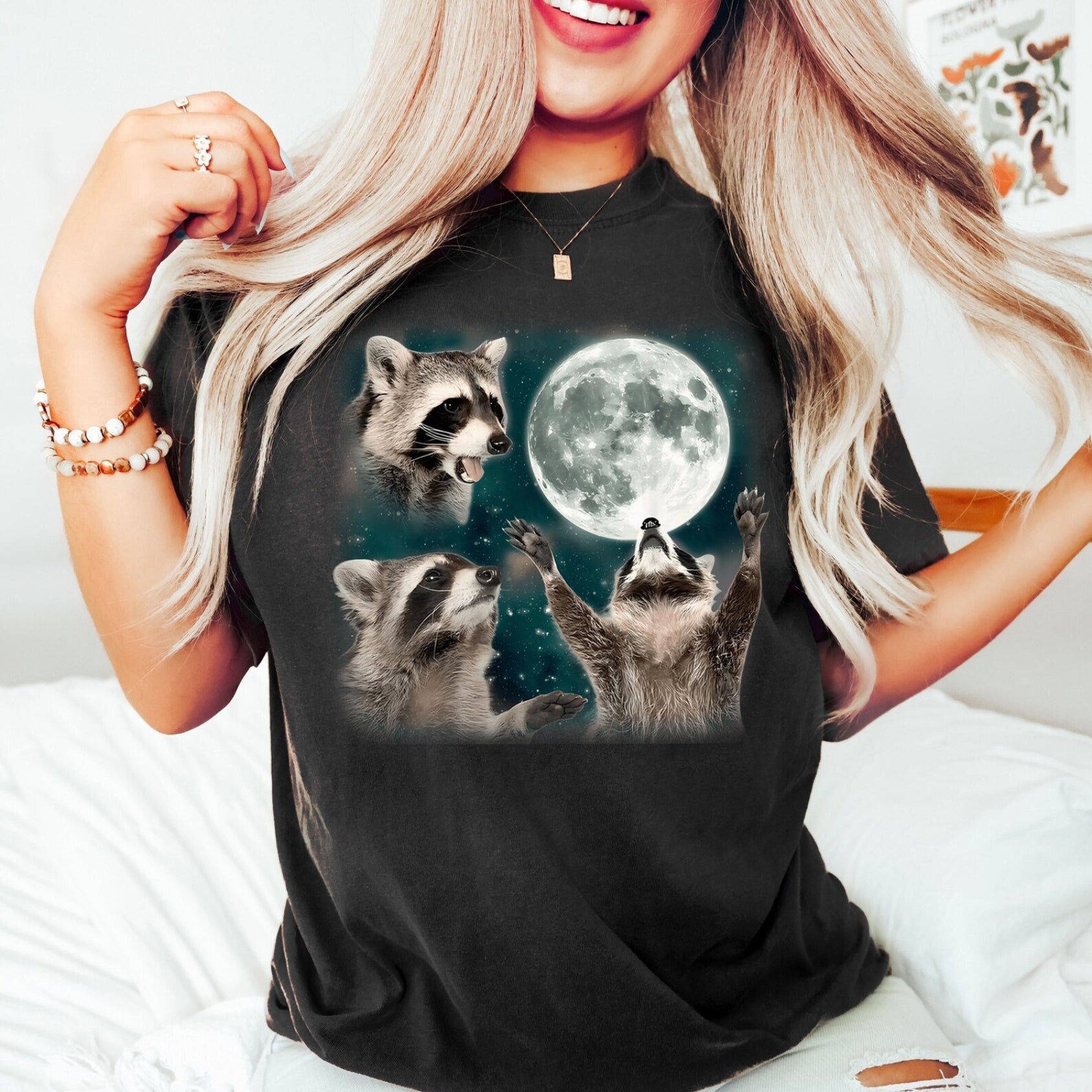 Three Raccoons Howling at the Moon Vintage Retro T-Shirt - Printed Tales