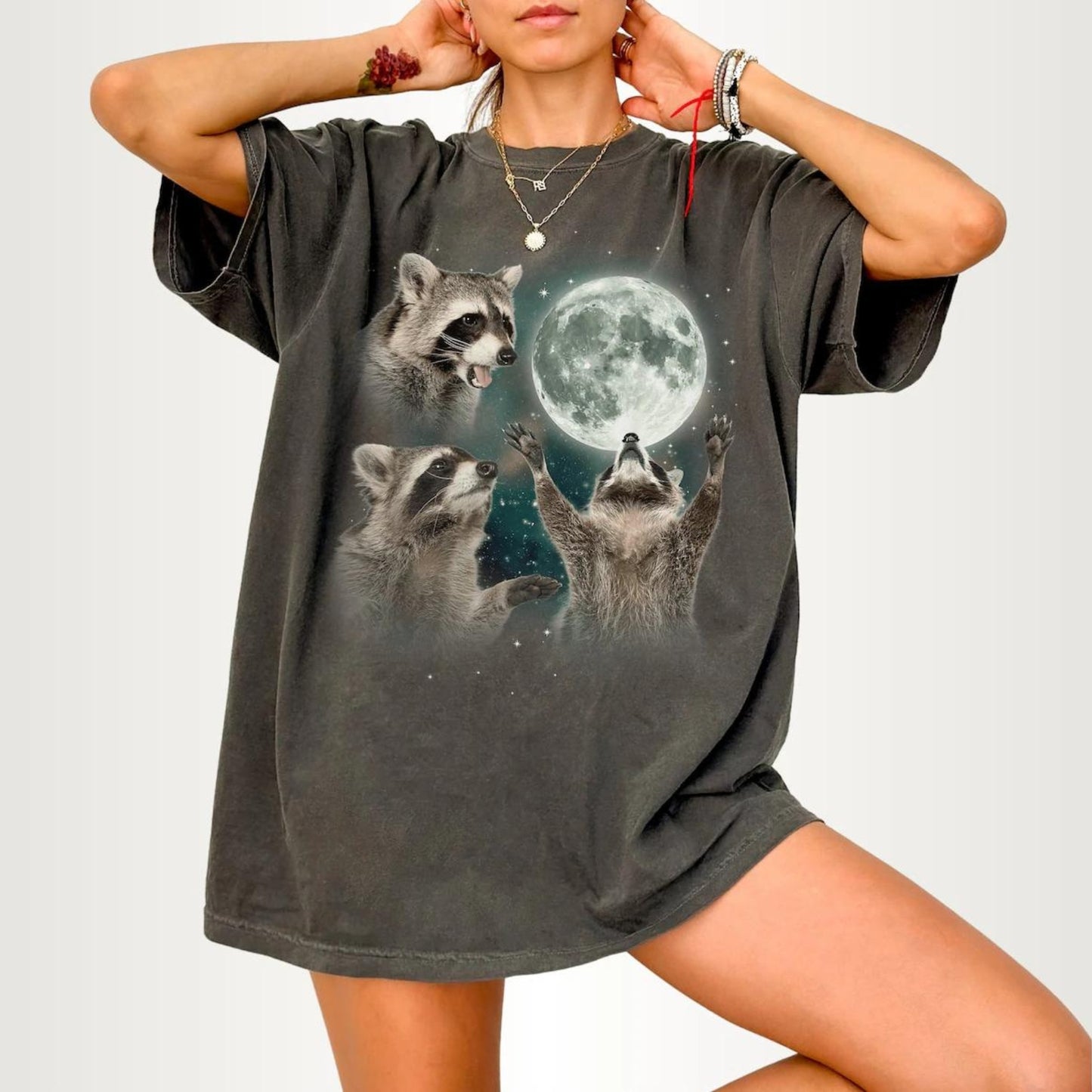 Three Raccoons Howling at the Moon Vintage Retro T-Shirt - Printed Tales